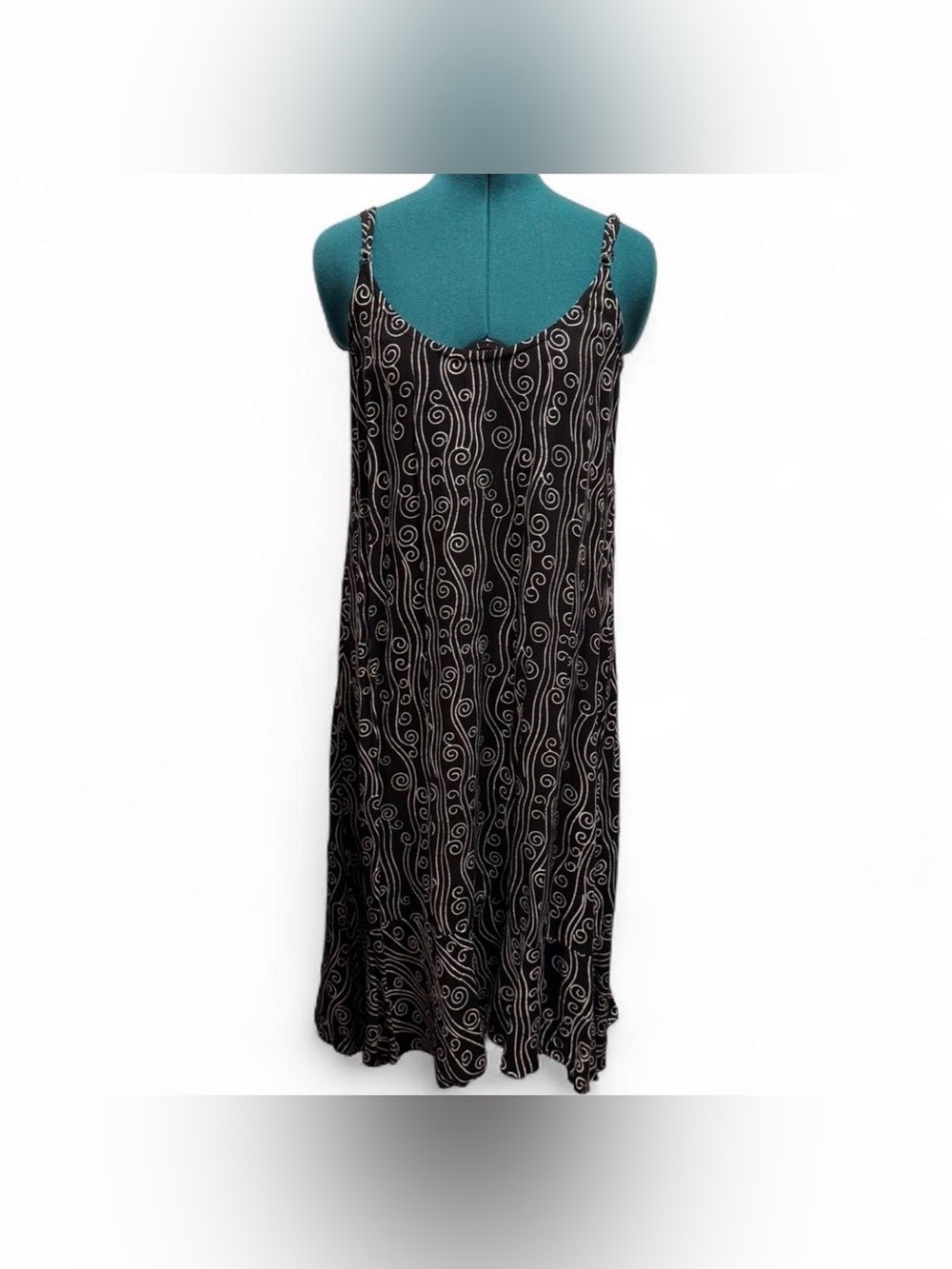 Women's Black Knee Length Slip Dress with White Swirl Detail